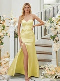 Sheath/Column Silk like Satin Ruched Sweetheart Sleeveless Floor-Length Bridesmaid Dresses Formal Evening Dress