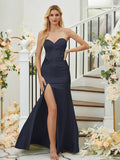 Sheath/Column Silk like Satin Ruched Sweetheart Sleeveless Floor-Length Bridesmaid Dresses Formal Evening Dress