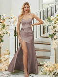 Sheath/Column Silk like Satin Ruched Sweetheart Sleeveless Floor-Length Bridesmaid Dresses Formal Evening Dress