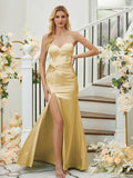 Sheath/Column Silk like Satin Ruched Sweetheart Sleeveless Floor-Length Bridesmaid Dresses Formal Evening Dress