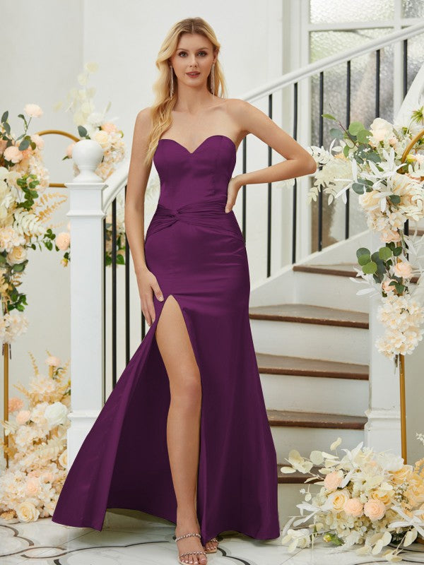 Sheath/Column Silk like Satin Ruched Sweetheart Sleeveless Floor-Length Bridesmaid Dresses Formal Evening Dress