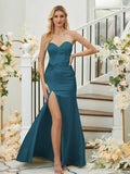 Sheath/Column Silk like Satin Ruched Sweetheart Sleeveless Floor-Length Bridesmaid Dresses Formal Evening Dress