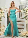 Sheath/Column Silk like Satin Ruched Sweetheart Sleeveless Floor-Length Bridesmaid Dresses Formal Evening Dress