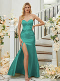 Sheath/Column Silk like Satin Ruched Sweetheart Sleeveless Floor-Length Bridesmaid Dresses Formal Evening Dress