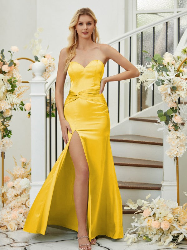 Sheath/Column Silk like Satin Ruched Sweetheart Sleeveless Floor-Length Bridesmaid Dresses Formal Evening Dress