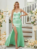 Sheath/Column Silk like Satin Ruched Sweetheart Sleeveless Floor-Length Bridesmaid Dresses Formal Evening Dress