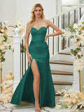 Sheath/Column Silk like Satin Ruched Sweetheart Sleeveless Floor-Length Bridesmaid Dresses Formal Evening Dress