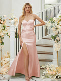 Sheath/Column Silk like Satin Ruched Sweetheart Sleeveless Floor-Length Bridesmaid Dresses Formal Evening Dress