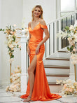 Sheath/Column Silk like Satin Ruched V-neck Sleeveless Sweep/Brush Train Bridesmaid Dresses Formal Evening Dress