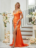 Sheath/Column Silk like Satin Ruched V-neck Sleeveless Sweep/Brush Train Bridesmaid Dresses Formal Evening Dress