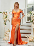 Sheath/Column Silk like Satin Ruched V-neck Sleeveless Sweep/Brush Train Bridesmaid Dresses Formal Evening Dress
