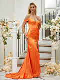 Sheath/Column Silk like Satin Ruched V-neck Sleeveless Sweep/Brush Train Bridesmaid Dresses Formal Evening Dress