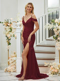 Sheath/Column Silk like Satin Ruched V-neck Sleeveless Sweep/Brush Train Bridesmaid Dresses Formal Evening Dress