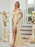 Sheath/Column Silk like Satin Ruched V-neck Sleeveless Sweep/Brush Train Bridesmaid Dresses Formal Evening Dress