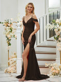 Sheath/Column Silk like Satin Ruched V-neck Sleeveless Sweep/Brush Train Bridesmaid Dresses Formal Evening Dress
