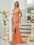 Sheath/Column Silk like Satin Ruched V-neck Sleeveless Sweep/Brush Train Bridesmaid Dresses Formal Evening Dress