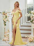 Sheath/Column Silk like Satin Ruched V-neck Sleeveless Sweep/Brush Train Bridesmaid Dresses Formal Evening Dress