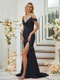 Sheath/Column Silk like Satin Ruched V-neck Sleeveless Sweep/Brush Train Bridesmaid Dresses Formal Evening Dress
