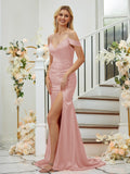 Sheath/Column Silk like Satin Ruched V-neck Sleeveless Sweep/Brush Train Bridesmaid Dresses Formal Evening Dress