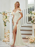 Sheath/Column Silk like Satin Ruched V-neck Sleeveless Sweep/Brush Train Bridesmaid Dresses Formal Evening Dress