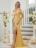 Sheath/Column Silk like Satin Ruched V-neck Sleeveless Sweep/Brush Train Bridesmaid Dresses Formal Evening Dress
