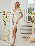 Sheath/Column Silk like Satin Ruched V-neck Sleeveless Sweep/Brush Train Bridesmaid Dresses Formal Evening Dress