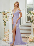 Sheath/Column Silk like Satin Ruched V-neck Sleeveless Sweep/Brush Train Bridesmaid Dresses Formal Evening Dress