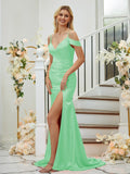 Sheath/Column Silk like Satin Ruched V-neck Sleeveless Sweep/Brush Train Bridesmaid Dresses Formal Evening Dress
