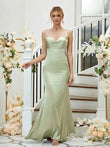 Sheath/Column Silk like Satin Ruched V-neck Sleeveless Floor-Length Bridesmaid Dresses Formal Evening Dress