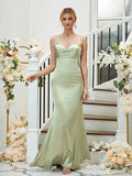 Sheath/Column Silk like Satin Ruched V-neck Sleeveless Floor-Length Bridesmaid Dresses Formal Evening Dress