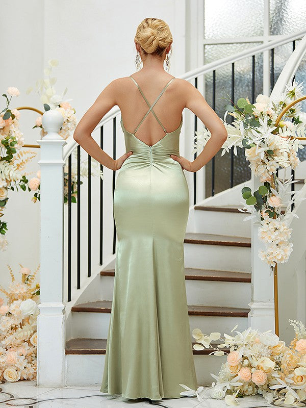 Sheath/Column Silk like Satin Ruched V-neck Sleeveless Floor-Length Bridesmaid Dresses Formal Evening Dress
