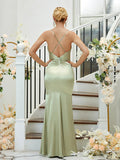 Sheath/Column Silk like Satin Ruched V-neck Sleeveless Floor-Length Bridesmaid Dresses Formal Evening Dress