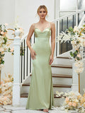 Sheath/Column Silk like Satin Ruched V-neck Sleeveless Floor-Length Bridesmaid Dresses Formal Evening Dress
