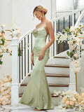 Sheath/Column Silk like Satin Ruched V-neck Sleeveless Floor-Length Bridesmaid Dresses Formal Evening Dress