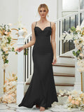 Sheath/Column Silk like Satin Ruched V-neck Sleeveless Floor-Length Bridesmaid Dresses Formal Evening Dress