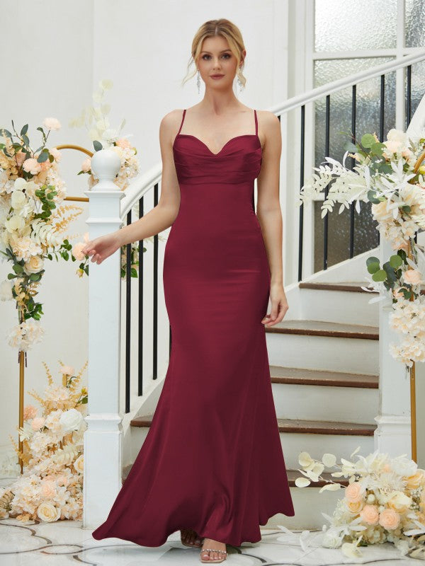 Sheath/Column Silk like Satin Ruched V-neck Sleeveless Floor-Length Bridesmaid Dresses Formal Evening Dress