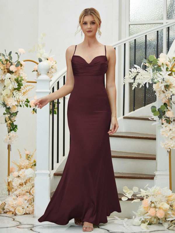 Sheath/Column Silk like Satin Ruched V-neck Sleeveless Floor-Length Bridesmaid Dresses Formal Evening Dress