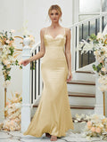 Sheath/Column Silk like Satin Ruched V-neck Sleeveless Floor-Length Bridesmaid Dresses Formal Evening Dress
