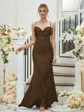 Sheath/Column Silk like Satin Ruched V-neck Sleeveless Floor-Length Bridesmaid Dresses Formal Evening Dress