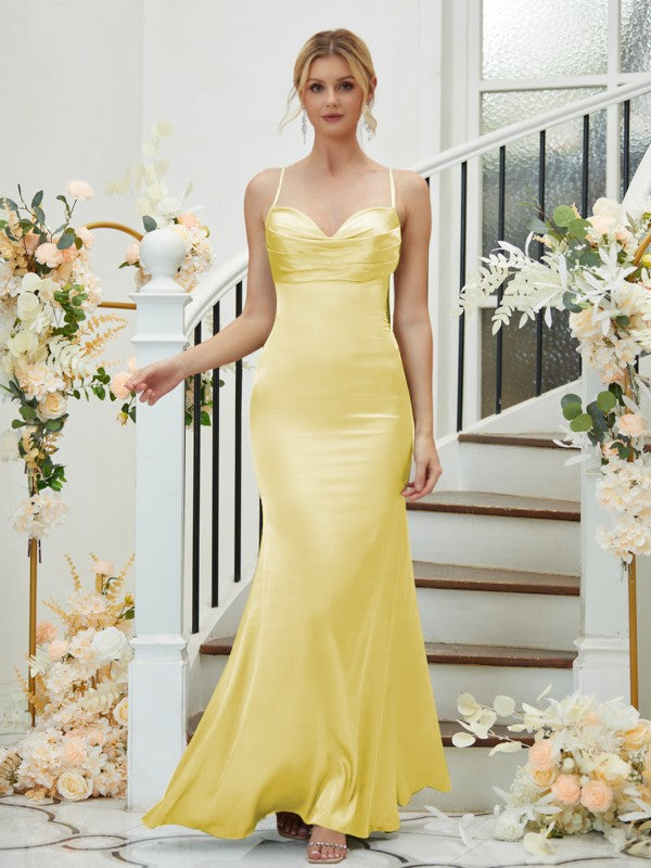 Sheath/Column Silk like Satin Ruched V-neck Sleeveless Floor-Length Bridesmaid Dresses Formal Evening Dress