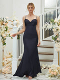 Sheath/Column Silk like Satin Ruched V-neck Sleeveless Floor-Length Bridesmaid Dresses Formal Evening Dress