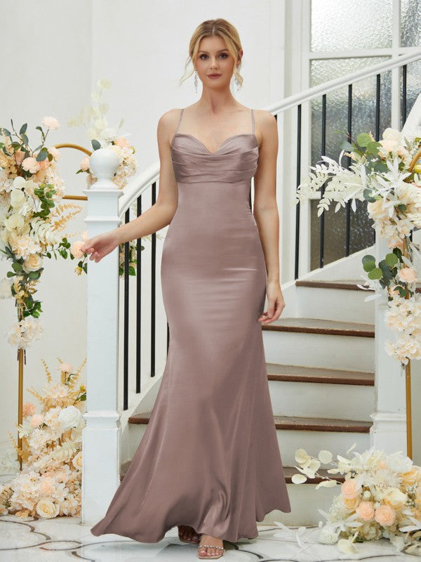 Sheath/Column Silk like Satin Ruched V-neck Sleeveless Floor-Length Bridesmaid Dresses Formal Evening Dress