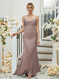 Sheath/Column Silk like Satin Ruched V-neck Sleeveless Floor-Length Bridesmaid Dresses Formal Evening Dress