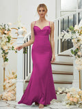 Sheath/Column Silk like Satin Ruched V-neck Sleeveless Floor-Length Bridesmaid Dresses Formal Evening Dress