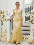 Sheath/Column Silk like Satin Ruched V-neck Sleeveless Floor-Length Bridesmaid Dresses Formal Evening Dress