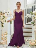 Sheath/Column Silk like Satin Ruched V-neck Sleeveless Floor-Length Bridesmaid Dresses Formal Evening Dress