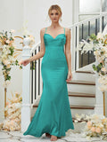 Sheath/Column Silk like Satin Ruched V-neck Sleeveless Floor-Length Bridesmaid Dresses Formal Evening Dress