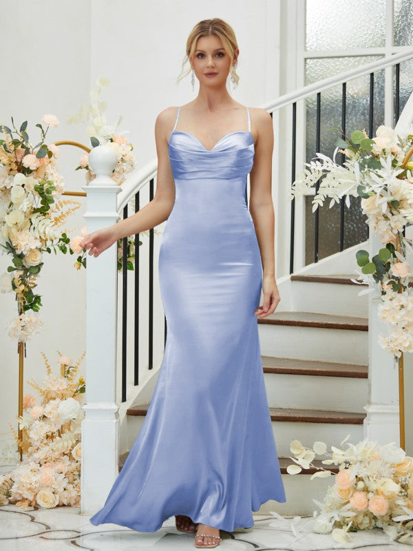 Sheath/Column Silk like Satin Ruched V-neck Sleeveless Floor-Length Bridesmaid Dresses Formal Evening Dress