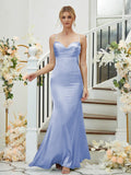 Sheath/Column Silk like Satin Ruched V-neck Sleeveless Floor-Length Bridesmaid Dresses Formal Evening Dress