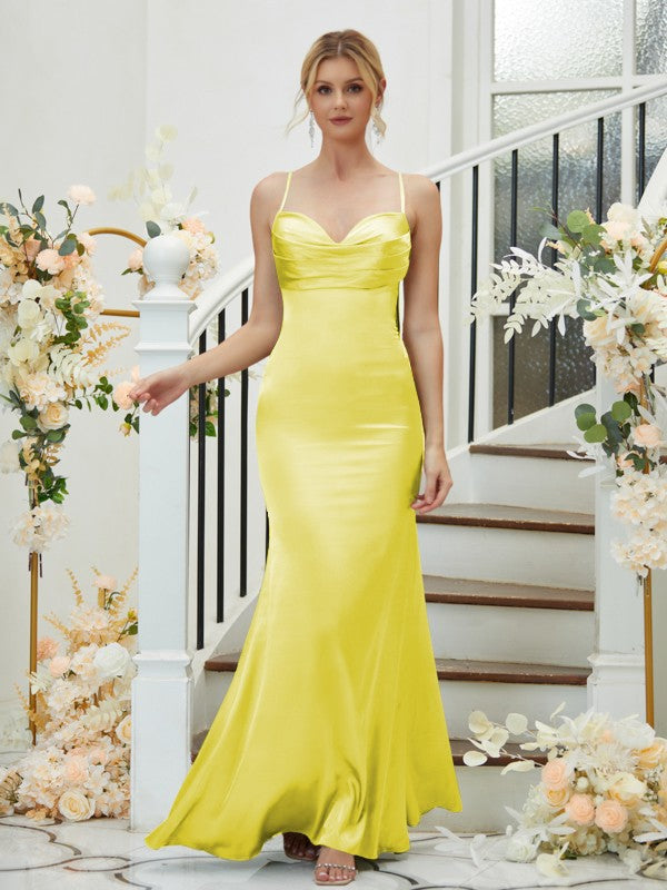Sheath/Column Silk like Satin Ruched V-neck Sleeveless Floor-Length Bridesmaid Dresses Formal Evening Dress